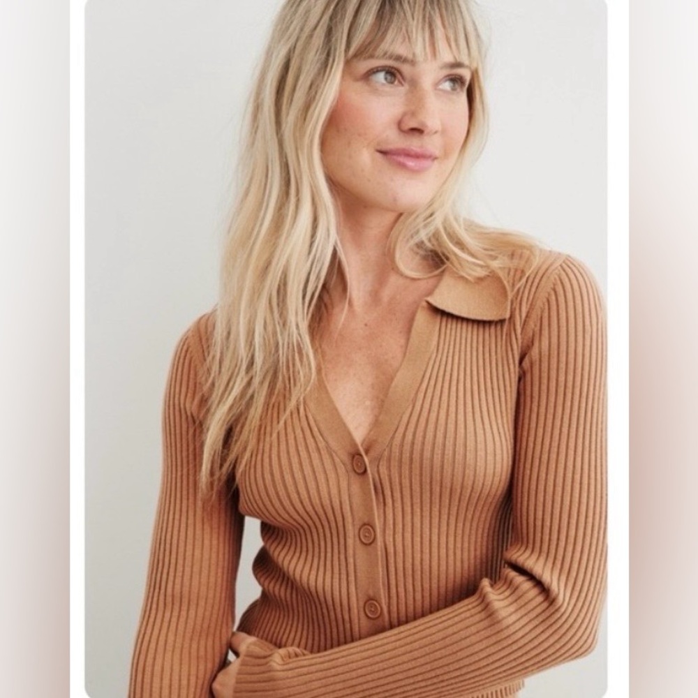 NWT Aerie Gotta Jet Ribbed Cropped Polo Button Sweater Size Small 🤎🤎🤎
